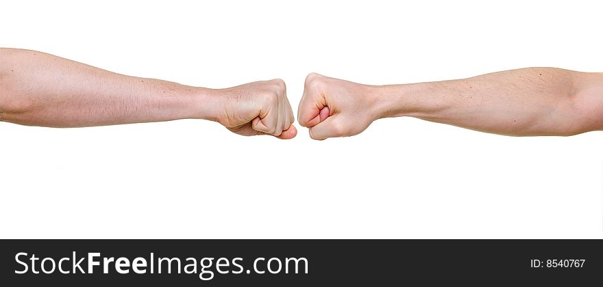 Two fists in confrontation isolated on white background