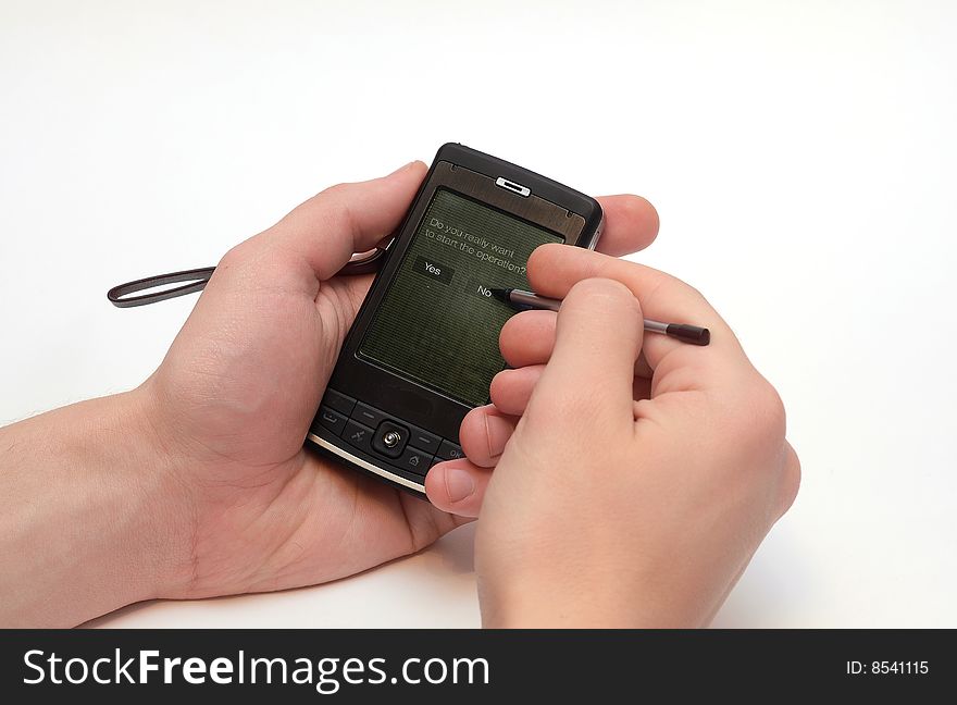 Manle hands with pocket PC isolated