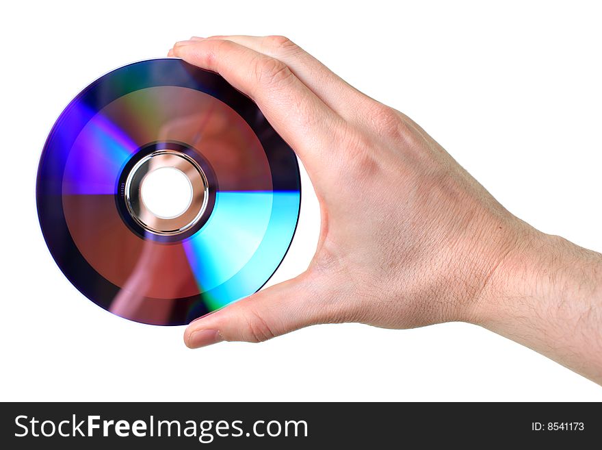 Hand holding disc isolated over white background