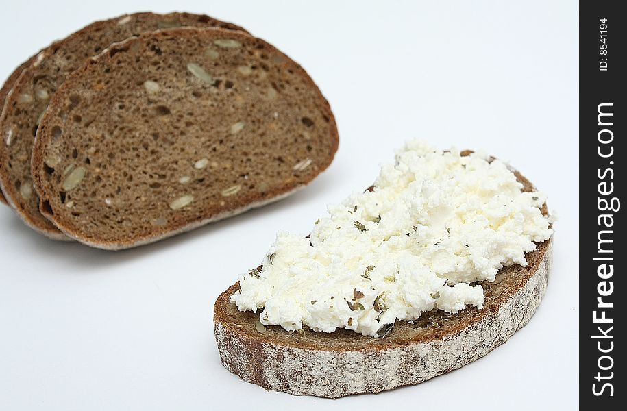 Sandwich with soft cheese on white background