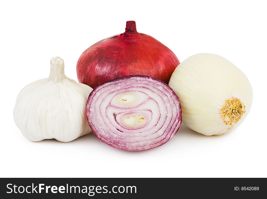 Shallot and garlic isolated on white background