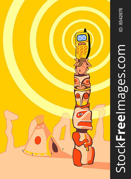 Funny phone totem, on yellow background (vector)