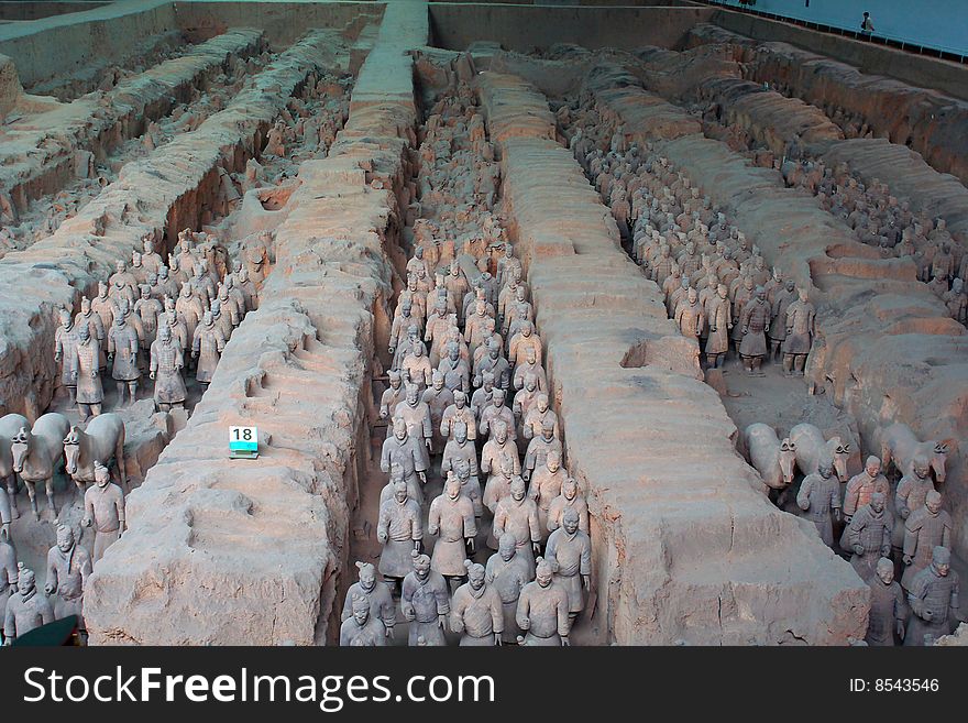 The panorama of  The Terracotta Warriors and Horses  in Emperor Qin Shihuang's mausoleum, Xian, China. The panorama of  The Terracotta Warriors and Horses  in Emperor Qin Shihuang's mausoleum, Xian, China