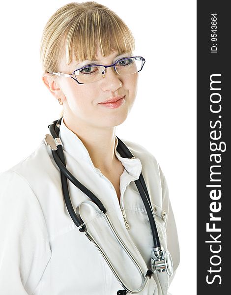 Young female doctor. Isolated on white background