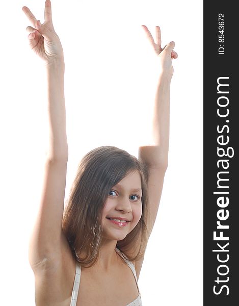 The portrait of little cute girl with hands up. The portrait of little cute girl with hands up