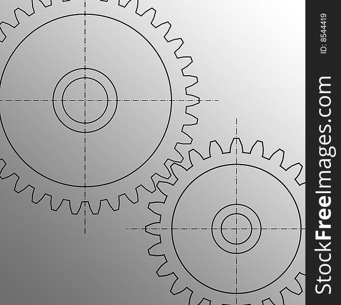 Illustration of two gears on fading grey background. Illustration of two gears on fading grey background