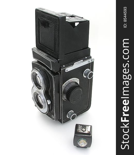 A 120mm film double lens camera over white background.