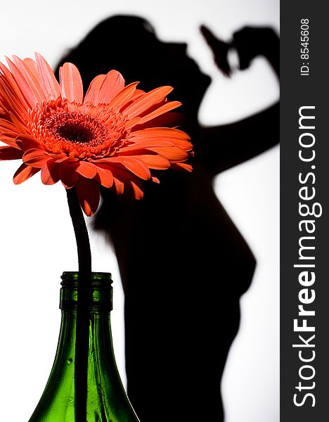 Bottle with a flower and a silhouette of a woman