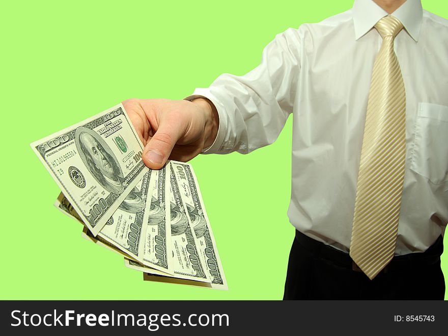 Money in hands on coloured background