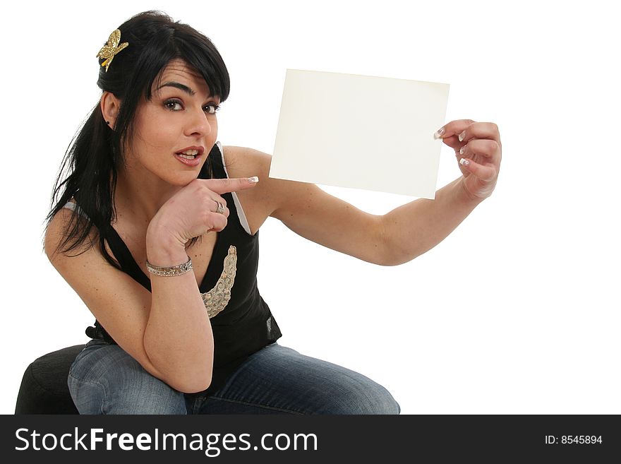 Young attractive woman in elegant pose, holding a blank sheet of paper, free for a message (i.e. SALES, HELP WANTED, etc).
Isolated on white. Young attractive woman in elegant pose, holding a blank sheet of paper, free for a message (i.e. SALES, HELP WANTED, etc).
Isolated on white