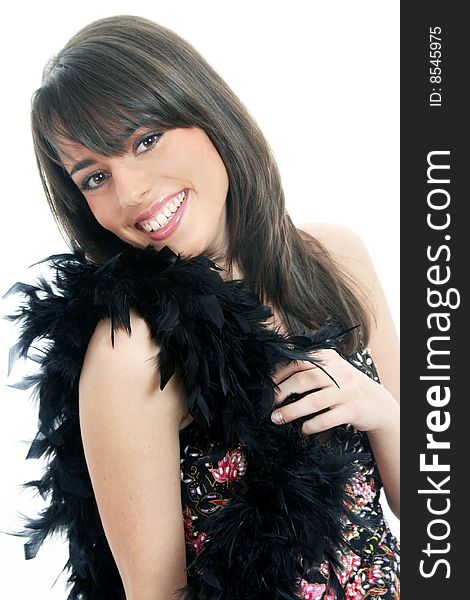 Portrait of a young lovely woman with beautiful smile and bright hazel eyes, wearing a black boa on white background. Portrait of a young lovely woman with beautiful smile and bright hazel eyes, wearing a black boa on white background