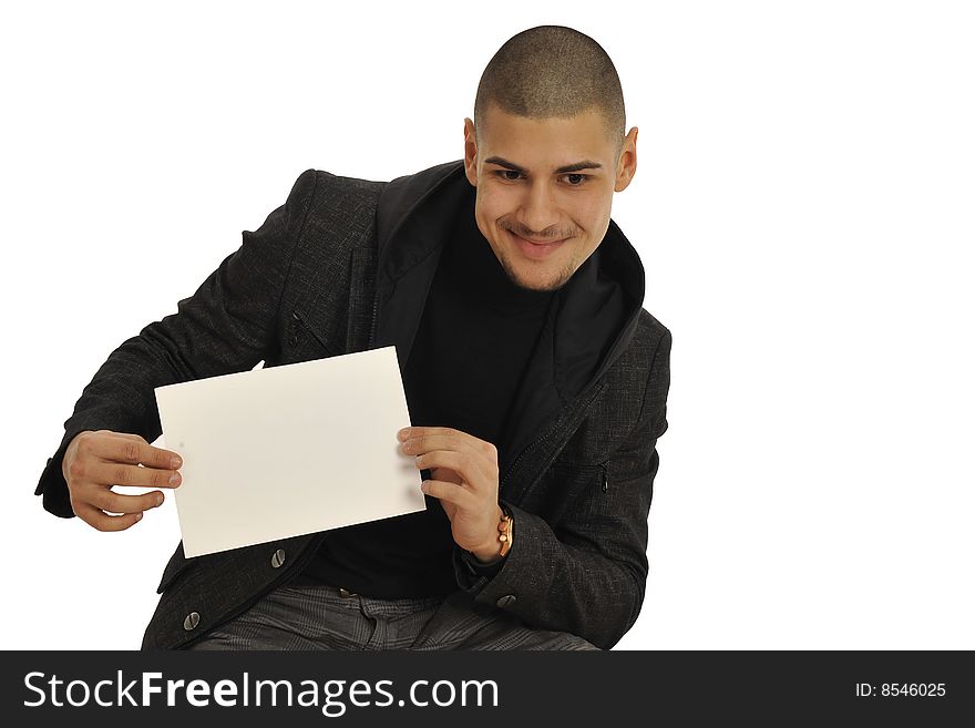 Handsome young man holding a blank sign with space free for a message. Isolated on white. Handsome young man holding a blank sign with space free for a message. Isolated on white