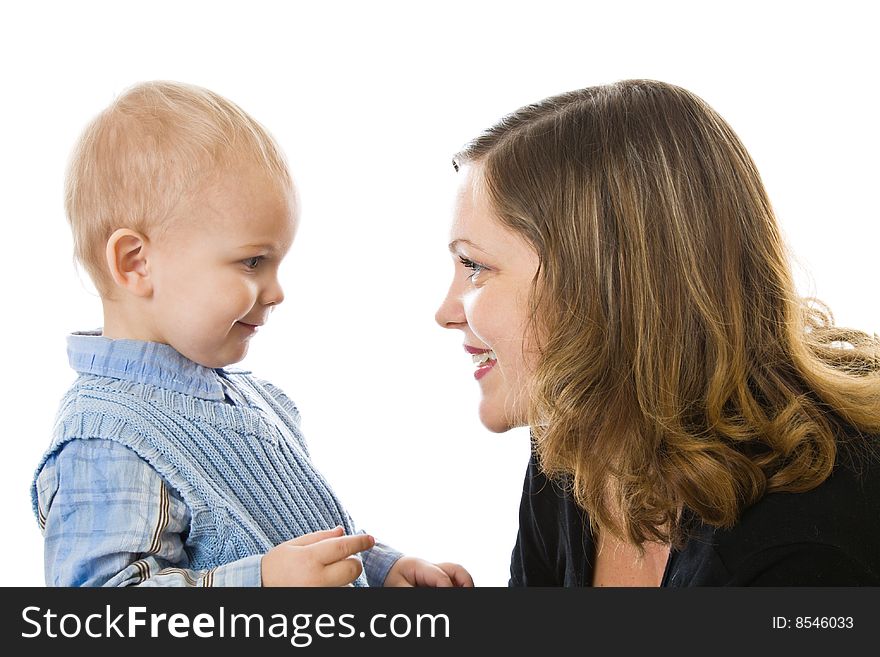 Mother and son. Isolated on white background