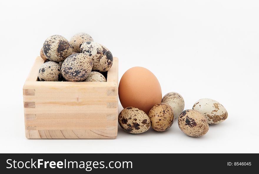 Wooden box overflowing with quail eggs and a single hen's egg on white background
