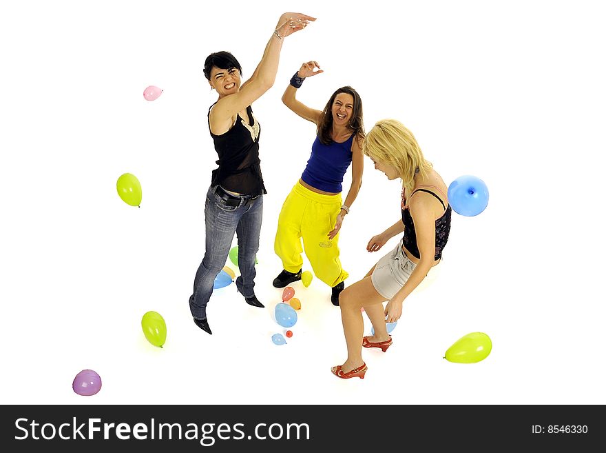 Group of happy young women playing with lots of colorful balloon, isolated on white. Group of happy young women playing with lots of colorful balloon, isolated on white