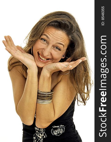 Young attractive woman with a funny grimace, making a big smile and framing her face with her hands, isolated on white. Young attractive woman with a funny grimace, making a big smile and framing her face with her hands, isolated on white