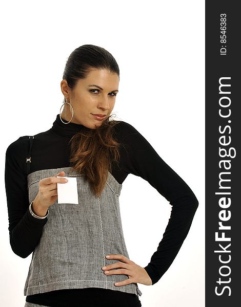 Attractive business woman giving to you a blank business card, free space for a custom message (i.e. help needed, customer care, etc.). White background. Attractive business woman giving to you a blank business card, free space for a custom message (i.e. help needed, customer care, etc.). White background