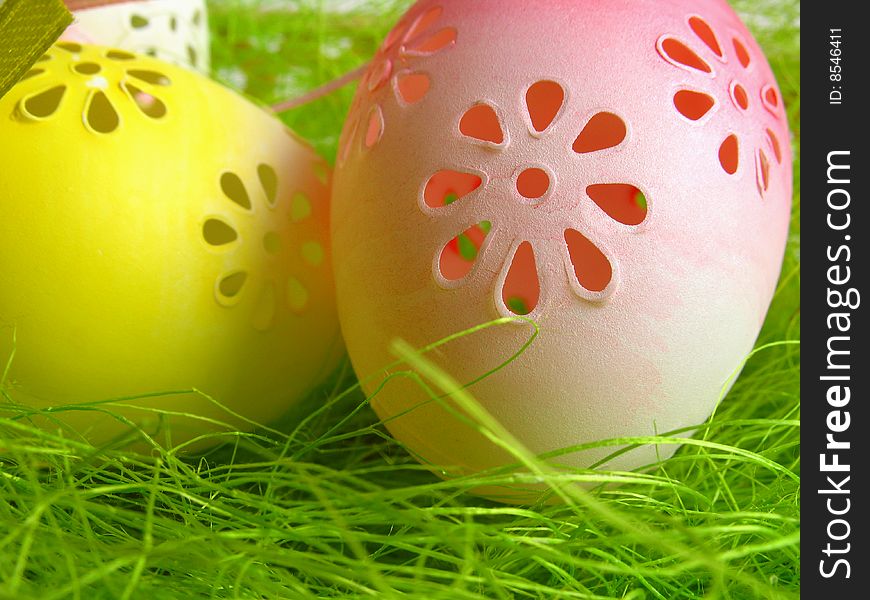 Easter still life, eggs on green background