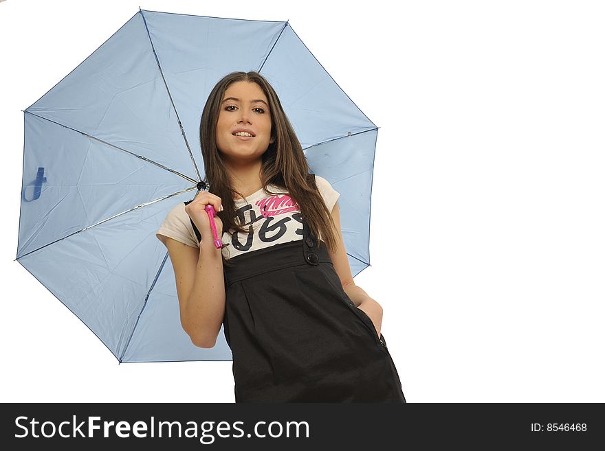 Lovely young fashion model with blue umbrella. White background. Black and white dress. Lovely young fashion model with blue umbrella. White background. Black and white dress