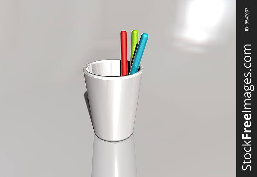 3D image,colored pen in a cup