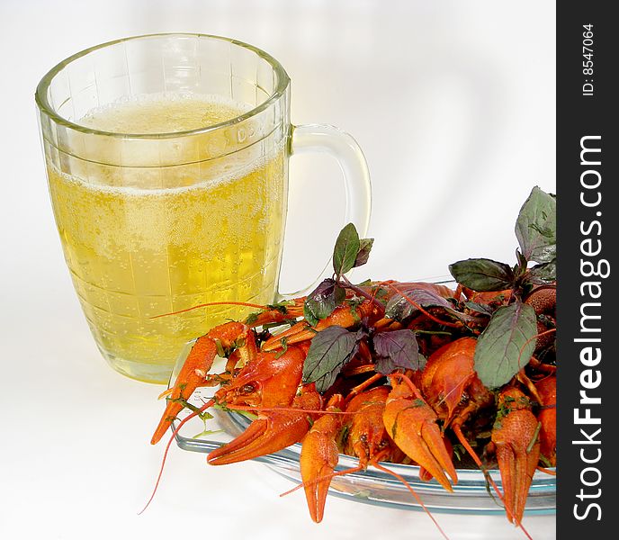 Red boiled crayfishes and beer