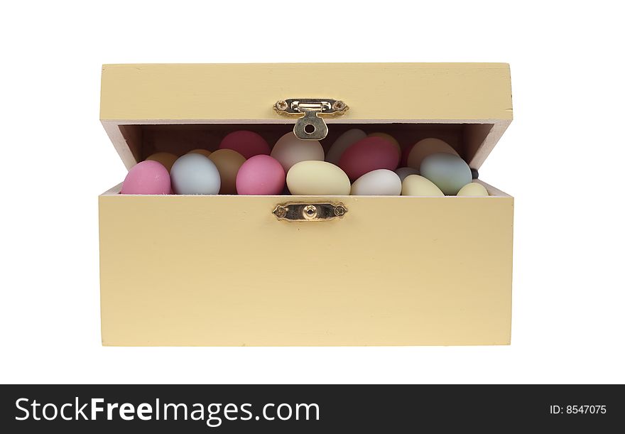 Box of sugar covered almonds sweets, isolated on a white background