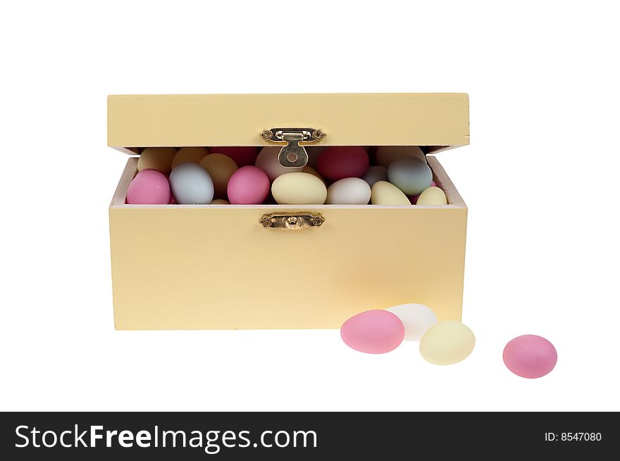 Box of sugar covered almonds sweets, isolated on a white background