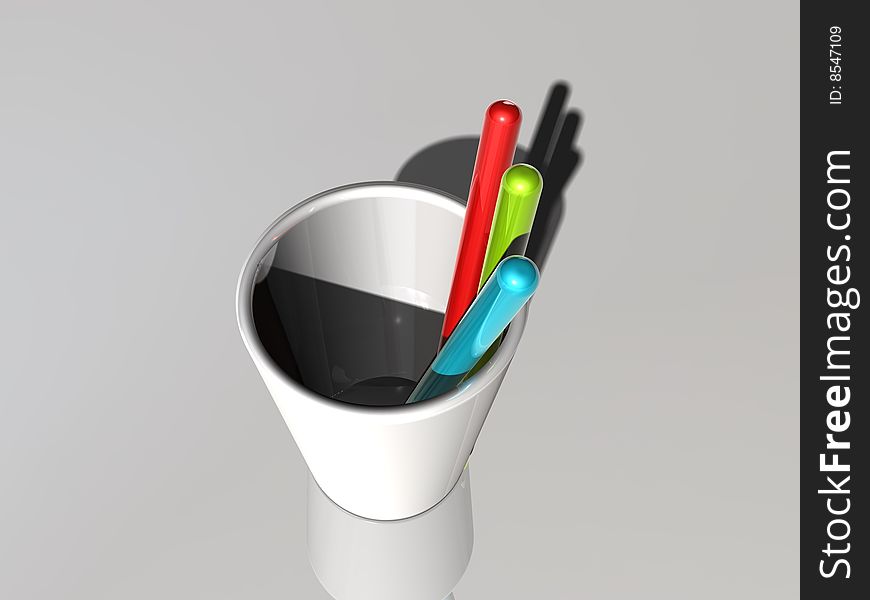 3D image,colored pen in a cup