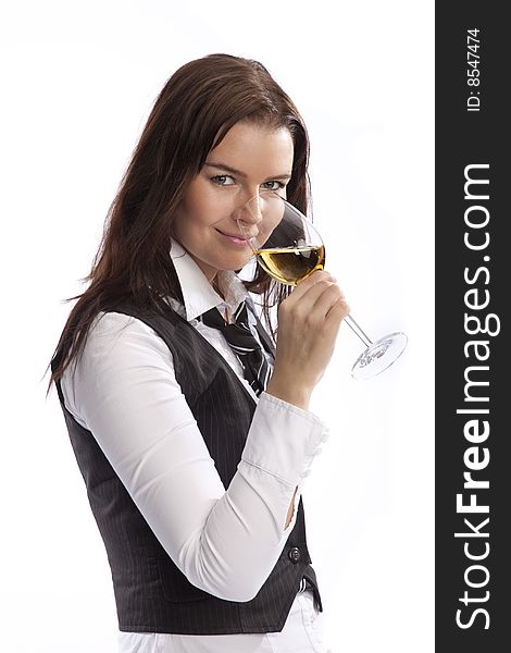 Isolated young business woman drinking wine over white background