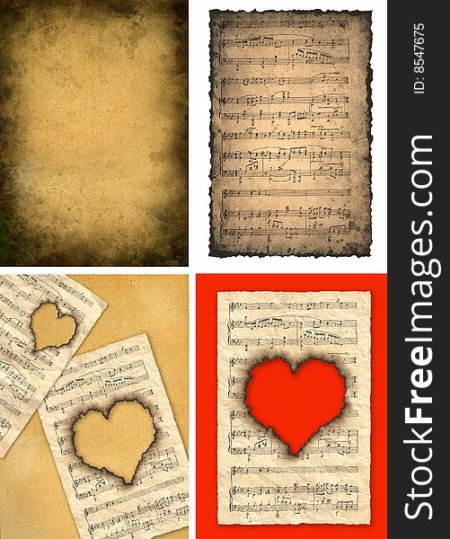 Four background images in vintage style. Musical notes, heart.