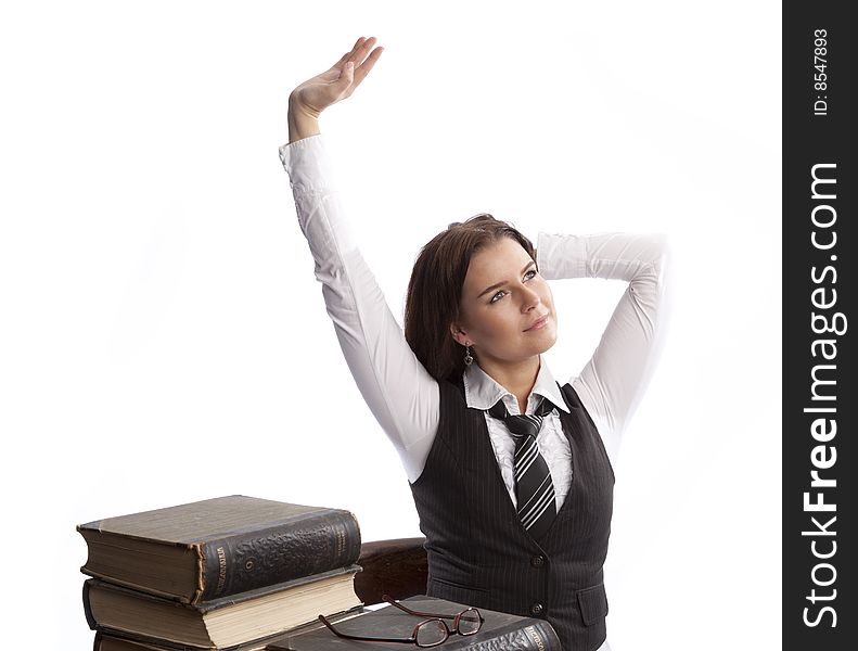 Isolated young business woman over white background