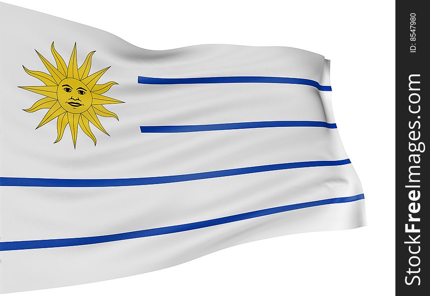 3D Uruguayan flag with fabric surface texture. White background.