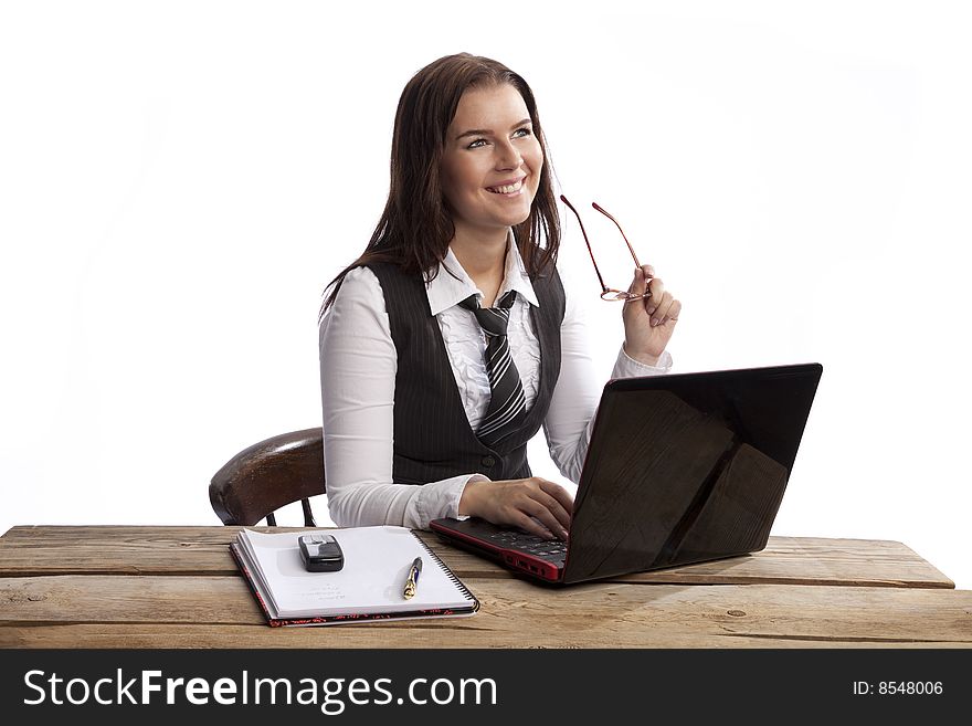 Isolated young business woman over white background