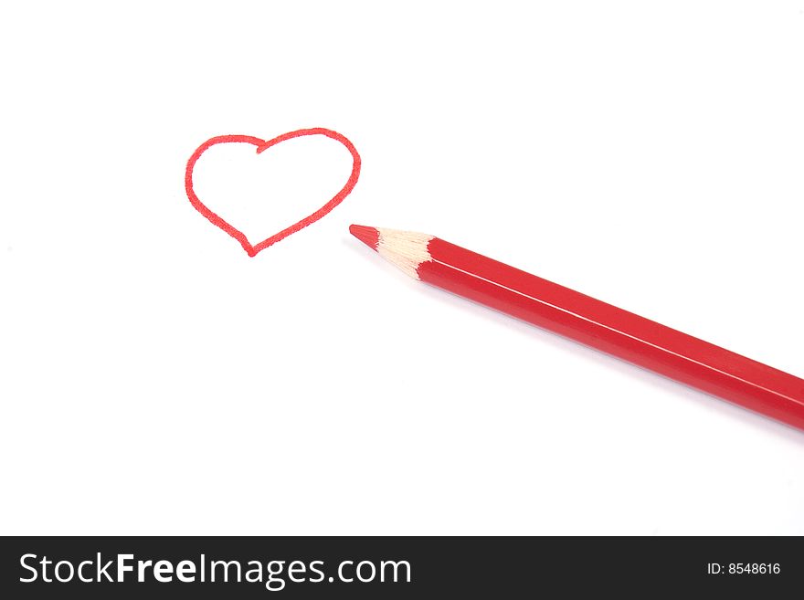 Heart symbol and red pencil, isolated on white