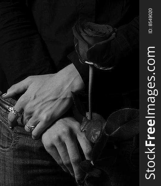 Hands and flower, romantic or gotic white and black image