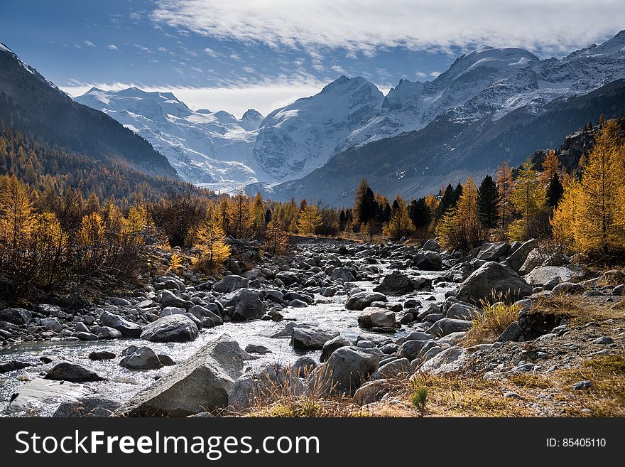 A rocky river with mountains and autumn forests in the background.