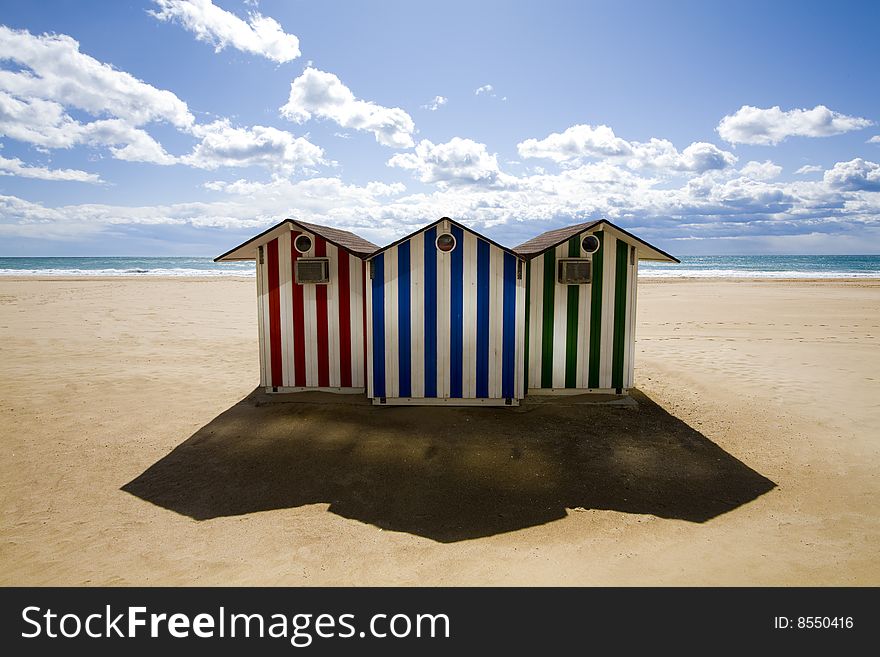 Cabins on a beach in benidorm