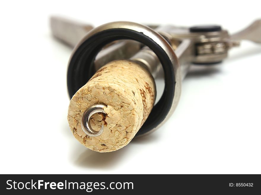 Silve corkscrew and cork isolated on white background. Silve corkscrew and cork isolated on white background