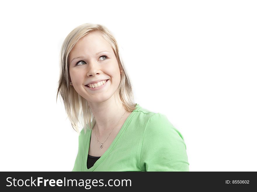 Isolated cute teenage girl in green shirt over white background