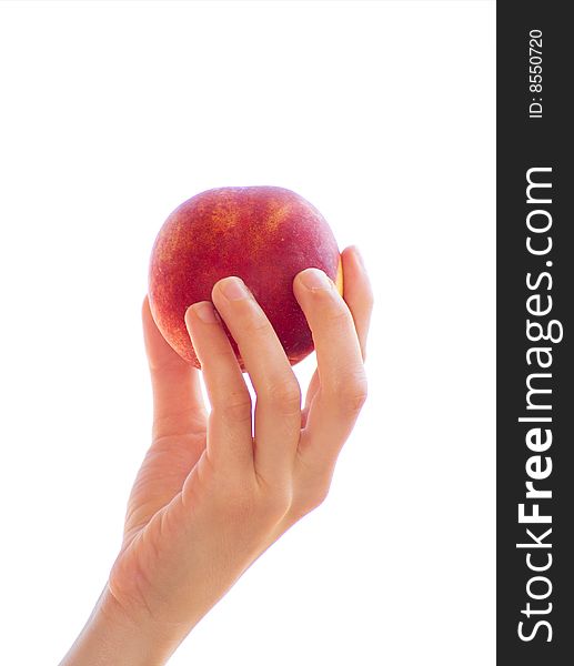 A hand with a peach against a white background. A hand with a peach against a white background.