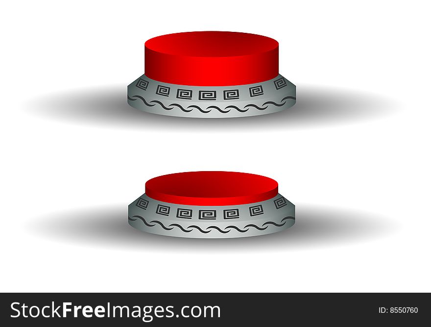 Two red buttons with patterns