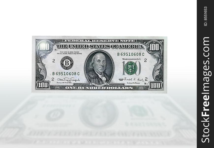 Isolated one hundred dollars on a white  background with a reflection