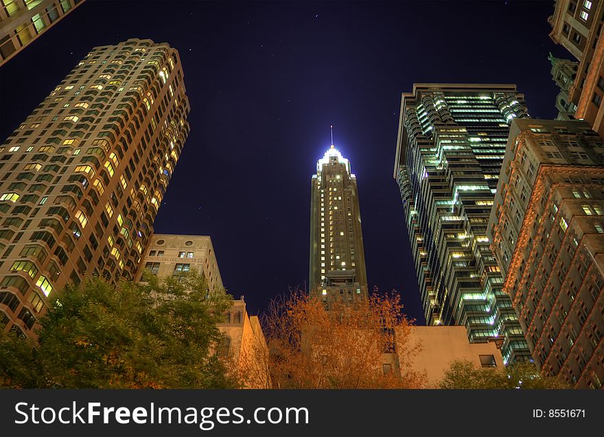 HDR night image of a group of buildings in the NYC financial district. Some chromatic aberration is inevitable with this kind of image.