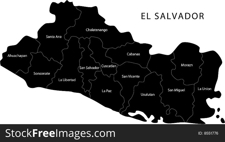El Salvador map designed in illustration with the district colored in black and with his names. El Salvador map designed in illustration with the district colored in black and with his names.