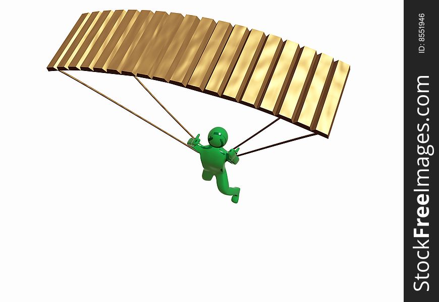 3D man with parachute - gold parachute allegory.