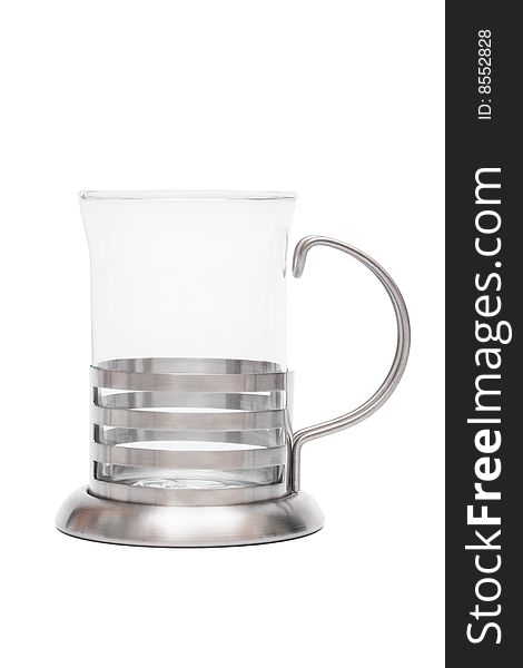 Glass mug in steel frame on a white background