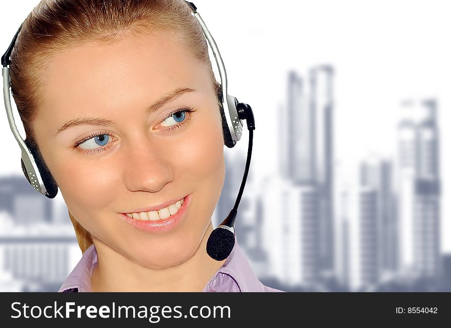 Woman wearing headset in office;could be reception