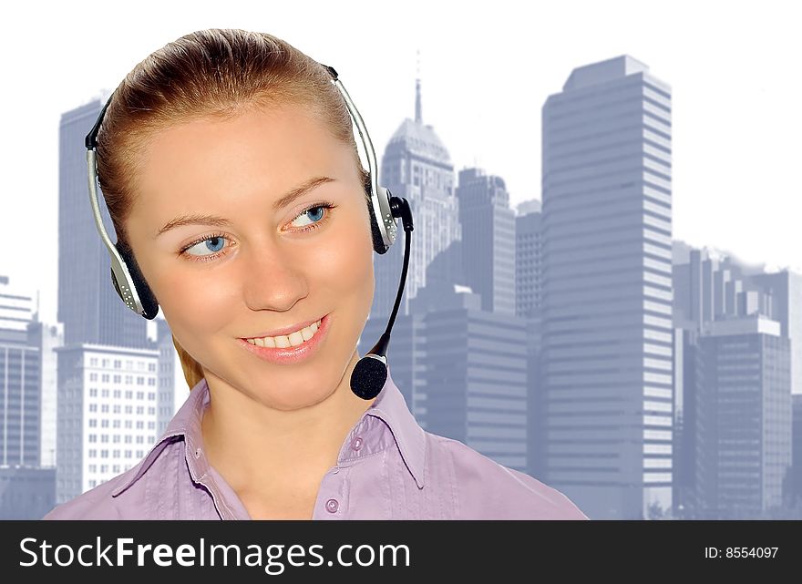 Woman wearing headset in office; could be receptionist