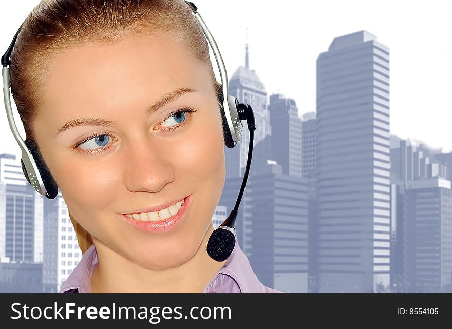Woman wearing headset in office; could be receptionist