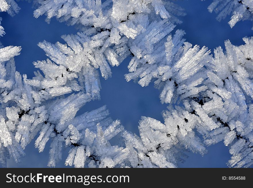 Fine ice crystals on netting - close up view